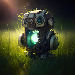 Broken small robot standing on the grassland close up. Generative AI