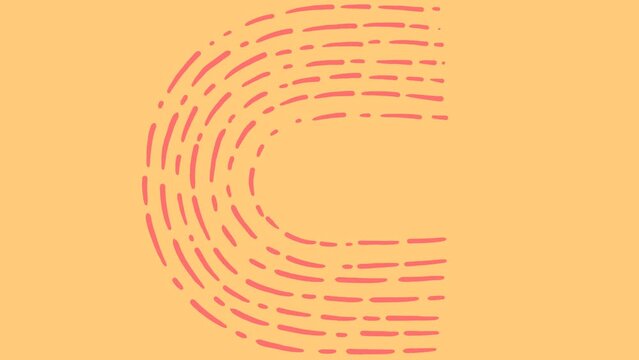 Red english doodle letter C on yellow background. Animated education looped 4K video. Frame loop animation. Small drops flow. Modern typography. Handdrawn stroke, stripe, dot. Concept of learning. Web