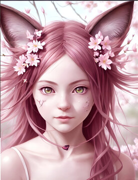 Pink haired catgirl with pale skin on a blossoms background, Generative AI