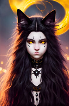 Young demonic catgirl with long black hair, Generative AI