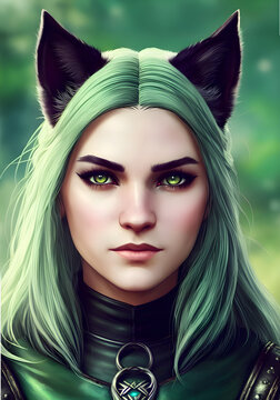 Green haired warrior catgirl in a green armor with piercing gaze, Generative AI