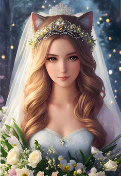 bride catgirl with bouquet of flowers, Generative AI