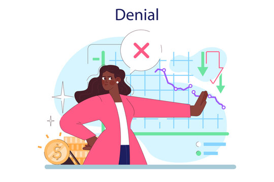 Cycle of investor emotions. Black female character with a denial emotion
