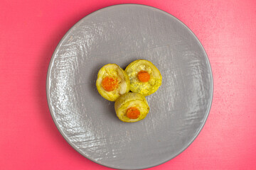 top view cooked squash slices inside grey plate on the pink desk food vegetable dinner dish color photo