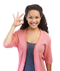 Black woman, portrait and ok hand sign for support, success and approval isolated on a transparent PNG background. Smile and face of a happy female model with perfect finger emoji for motivation