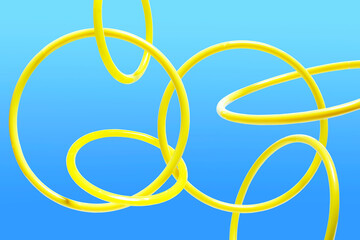 6 variously sized, yellow, interlocking rings in mid air against blue background