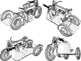 Vector sketch of a three-wheeled war motorbike equipped with guns