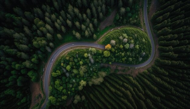Aerial top view of asphalt road through green forest, healthy rain forest,  environment, health, green economy, view of nature ecosystem for save Earth with Generative AI.