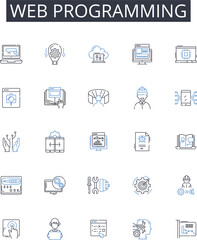 Web programming line icons collection. Mobile development, Game design, Data analytics, Graphic design, User interface, Front-end design, Back-end development vector and linear illustration. Script