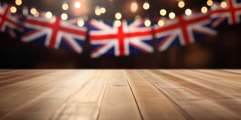 Empty wooden product display table with UK union jack party flag decorations . Generative ai - obrazy, fototapety, plakaty