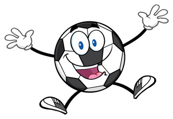 Happy Soccer Ball Cartoon Mascot Character Jumping. Hand Drawn Illustration Isolated On Transparent Background