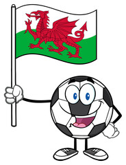 Happy Soccer Ball Cartoon Mascot Character Holding A Flag Of Wales. Hand Drawn Illustration Isolated On Transparent Background