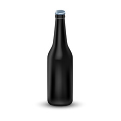 Vector illustration of beer bottle on white color background with shadow and cap. 3d style design of beer bottle