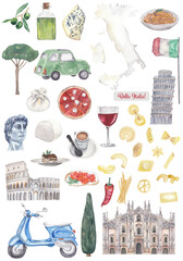 Bella italia set Watercolor illustrations of italy Transport, landmarks, food, pasta, wine, dessert Png clipart Printable cut file, scrapbook, souvenir, greeting card, invitation, travel journey