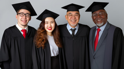 Group of multicultural young and adult graduate students wearing gowns and mortarboard hats pose together. Generative AI