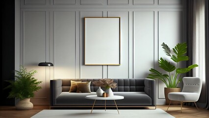 Mockup Poster Frame on the Wall Luxurious Living Room on Contemporary Wall 3D Render with Modern Interior Design 3D illustrationa KI-Illustrationen