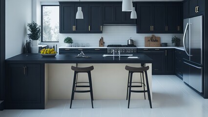 A spacious and well-lit kitchen mockup in contrasting colors Model #001