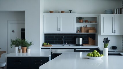 Fototapeta na wymiar A spacious and well-lit kitchen mockup in contrasting colors Model #001