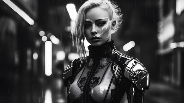 Cibernetic woman in cyberpunk  city. Image Generative AI.