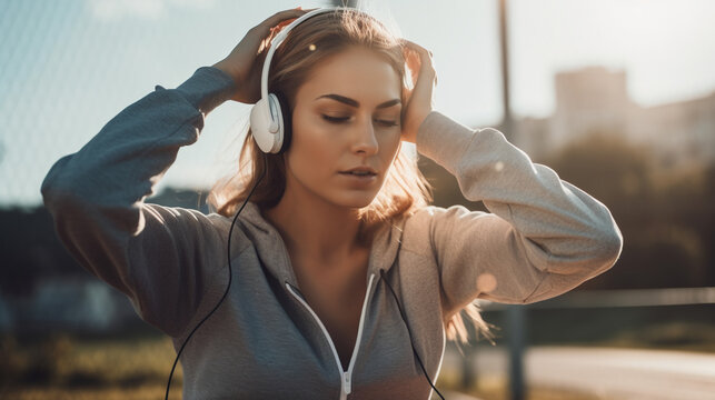 Young fit woman listening to music while running outdoor. Image Generative AI.