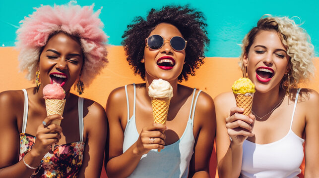 women friends with cheerful expression eating ice cream outdoor on colorful background. Friendship and summertime concept. Image Generative AI.