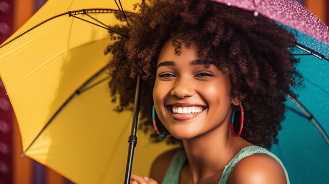 Smiling afro young woman with colorful umbrella. Summertime concept.