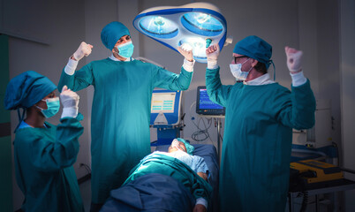 Doctors and team performing Finished Surgery Successful Results in bright Modern operating room...
