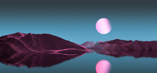 Pink-turquoise planet landscape. Fantasy landscape with a pink planet in the sky. 3D render.