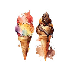 Chocolate ice cream waffle cone, Watercolor drawing, isolated on white. Vector.