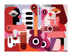 Musical trio performance vector illustration. Female guitar player, piano keyboardist and singer. Three musicians giving a concert . Graphic artwork, aspect ratio size a1, a2, a3, a4, etc.