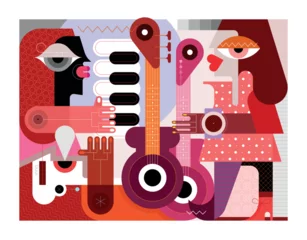 Fotobehang Abstracte kunst Musical trio performance vector illustration. Female guitar player, piano keyboardist and singer. Three musicians giving a concert . Graphic artwork, aspect ratio size a1, a2, a3, a4, etc.