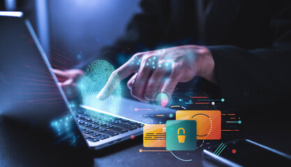 Close-up view of modern fingerprint password unlocking and protection against cyber attacks.