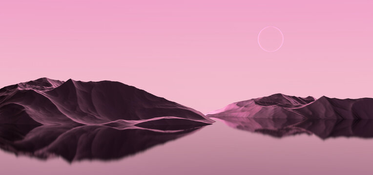 Pink planet landscape. Fantasy landscape of a pink planet. 3D render.