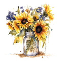 Bouquet Sunflowers Jar Watercolor Illustration