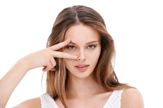 Peace sign, eye and portrait of woman on png for trendy, beauty and promotion. Makeup, cosmetics and self care with female model and hand gesture isolated on transparent background for confidence