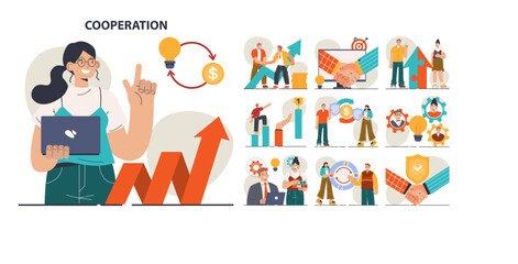 Cooperation concept set. Collaboration and teamwork. Office characters