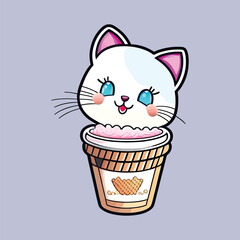 A Cute Cartoon Cat Enjoying Ice Cream Delights in Vector Illustration,Draw vector illustration character collection cute cat in ice cream cones for summer,food dessert bakery product fabulous fashion 