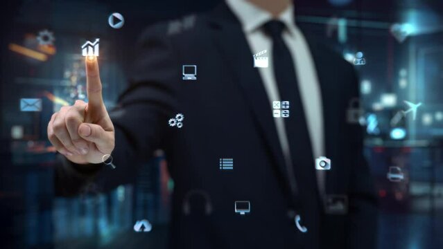 Financial Broker Wearing Suit Working with Virtual or Augmented Reality Glasses. Technology Icons, Charts and Data. Artificial Intelligence. Office at Night.