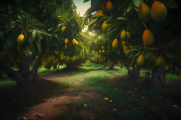 Garden of mango trees, plants with fruits planted in a row plantation. Generative AI.