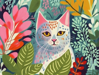 A colorful illustration of a cat surrounded by lush plants and vegetation Generative AI.