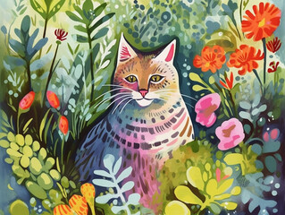 A colorful illustration of a cat surrounded by lush plants and vegetation Generative AI.