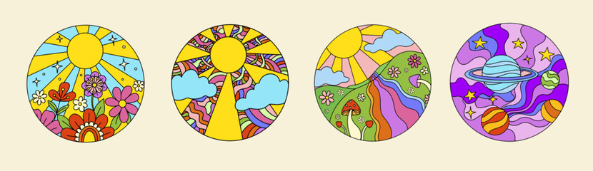 Groovy retro circles with psychedelic landscapes. Vintage hippie social media stories highlights.