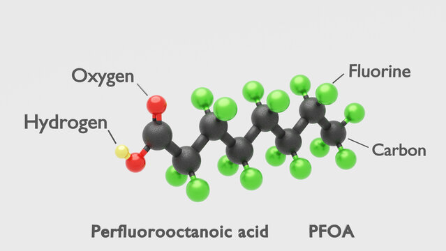 Perfluorooctanoic acid PFOA - C8HF15O2 - 3D Conformer white background