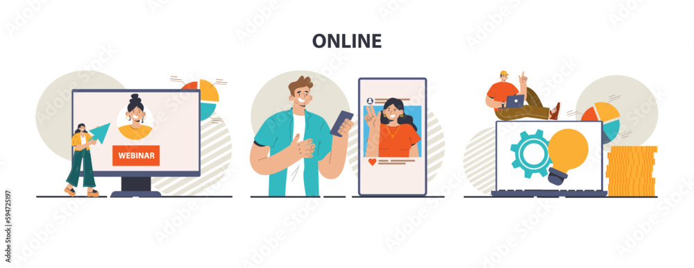 Wall mural different online services set. character using mobile apps and websites
