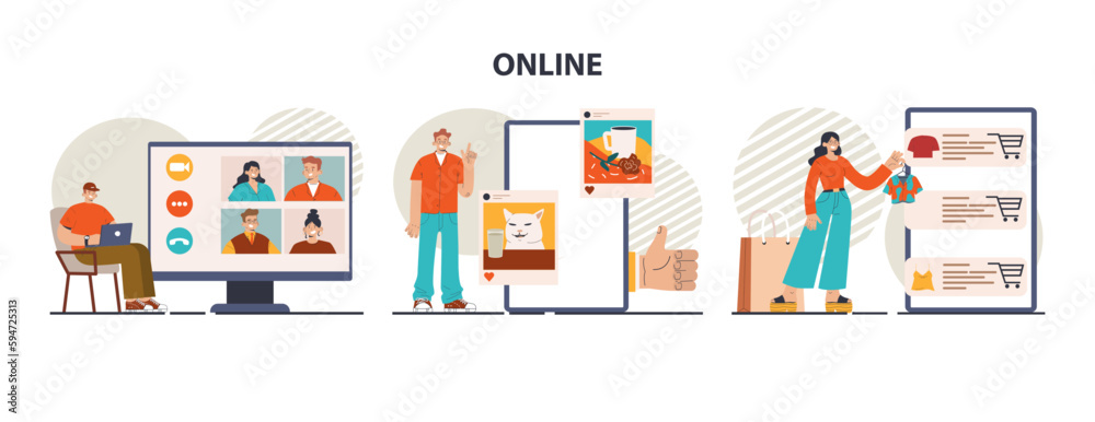 Wall mural different online services set. character using mobile apps and websites
