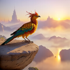 Phoenix bird. Sunset in a misty forest on background. Generative AI