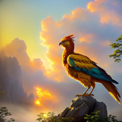 Phoenix bird. Sunset in a misty forest on background. Generative AI