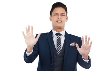 Portrait, stop and hands with a business asian man isolated on a transparent background for warning. PNG, compliance and regulations with a male employee showing a gesture or sign of rejection