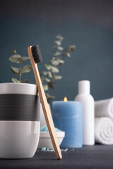 Bamboo toothbrush, towels and other bathroom accessories