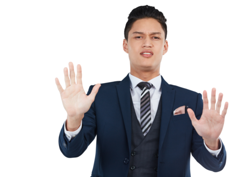 Portrait, stop and hands with a business asian man isolated on a transparent background for warning. PNG, compliance and regulations with a male employee showing a gesture or sign of rejection